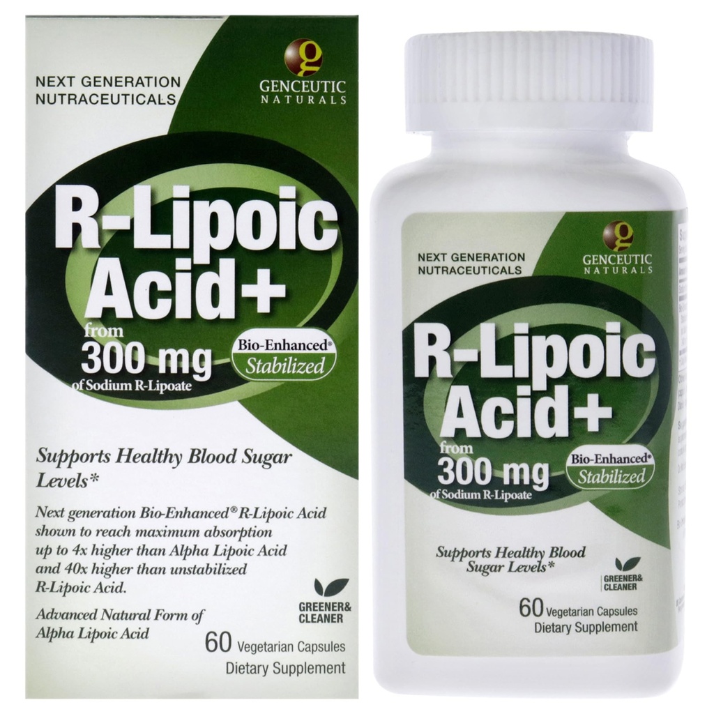 Suplemen Diet Acid Genceutic R- Lipoic Acied Suplemen 124; Vegetarian 124; Vegan 124; Gluten Free 124; Non GMO 124; 300mg (60 Capsules) Average; Cacah Tunggal