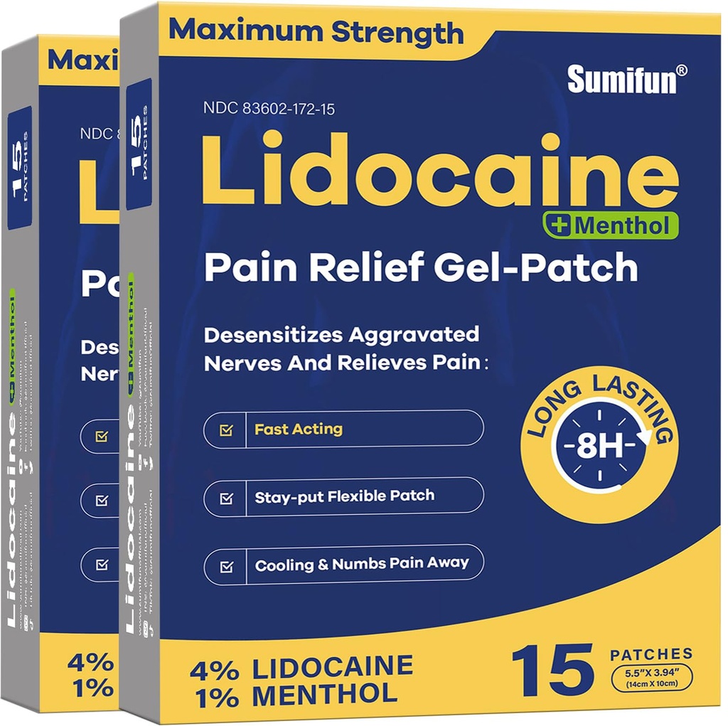 Sumifun 4% Lidocaine Patches Plus 1% Menthol - 30 Counts Maximum Power OTC Relief Patch untuk Back Ache Stiff Neck Gabungan Pain Muscle Soreness Analgesic