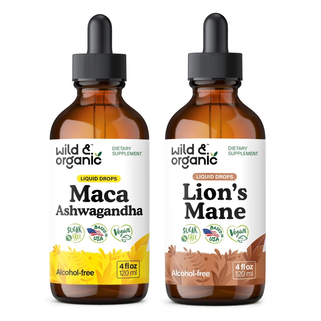 Wild & Organic Maca Ashwagandha Tsuture 4 fl oz & Lion 's Mane Tincture 4 fl oz