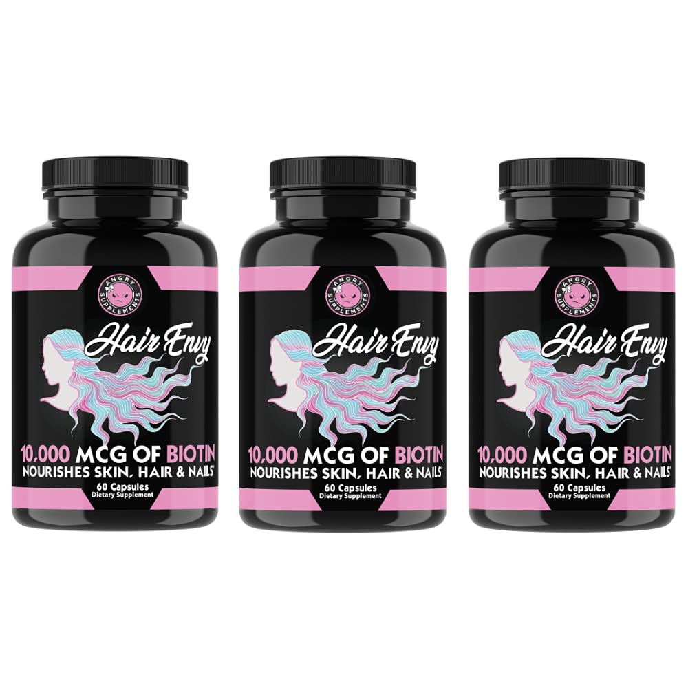 Suplemen Rambut Marah 10 ribu mcg Biotin + Keratin, Tumbuh + Hydrate Rambut, Strengthen Thicken Nails, Clear & Nfeated Skin - Bantuan Menjinakkan Rambut, (3- Botol)