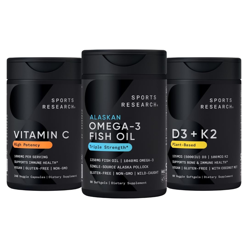 Penelitian Olahraga 1250 mg Omega 3 Burpless Fish Oil - Wild Alaska Pollock - (90 Count), High Potency Vegan C 1000mg (240 Count) + Vegan 5000iu Vitamin D dengan 100mcg Mk7 Vitamin K (60 Count)