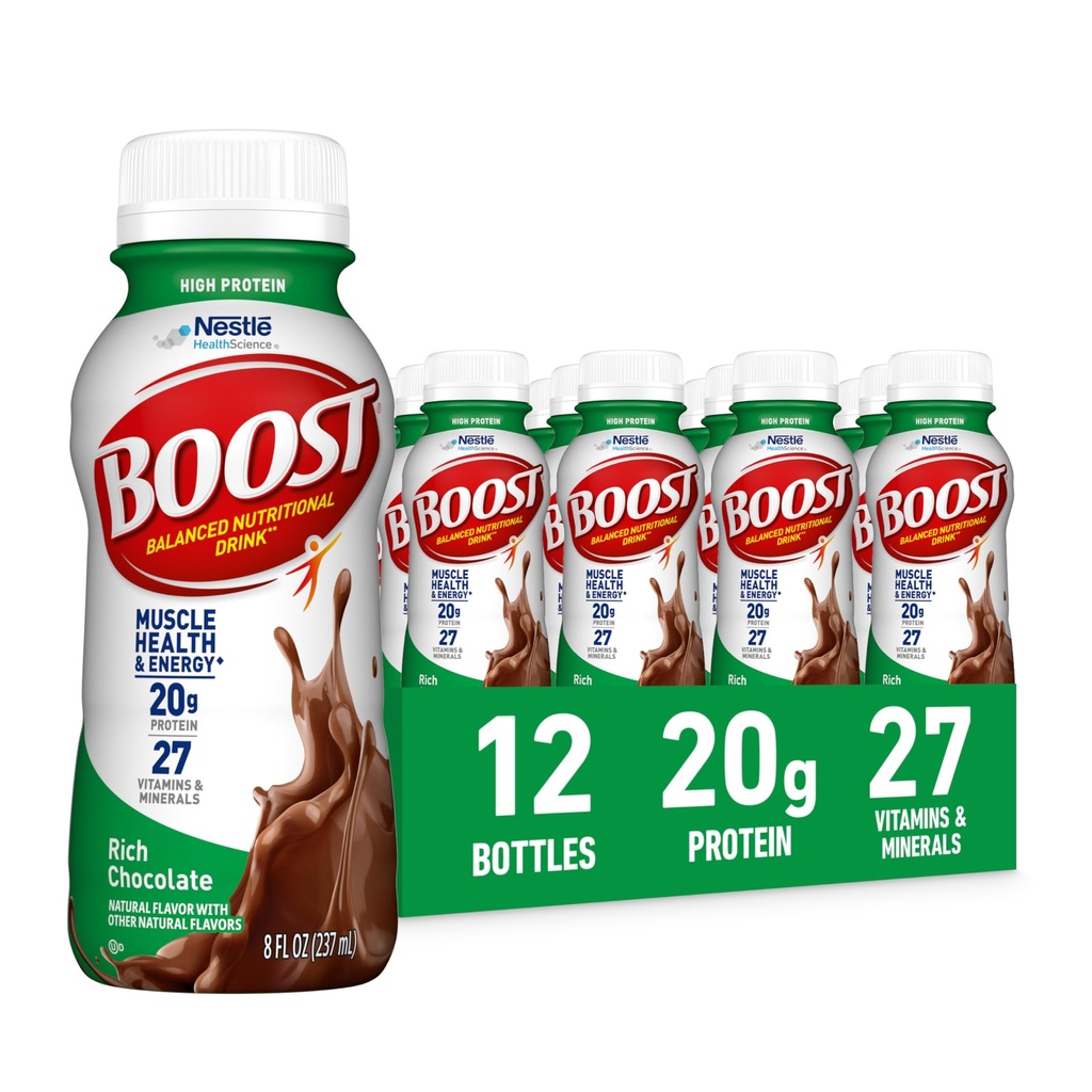 Protein Tinggi BOOST Siap Minum Balanced Nutrisi Minum, Coklat Kaya, 8 FL OZ (Paket 12)