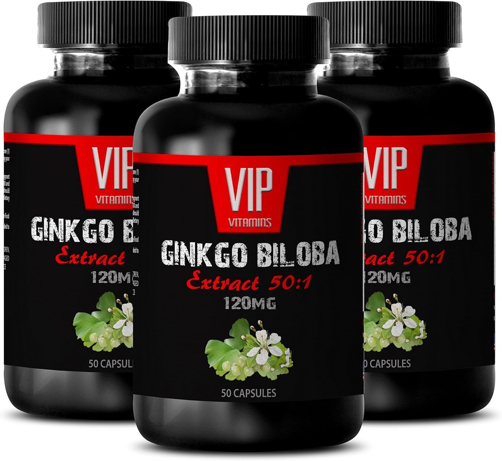 VIP VITAMINS Ginkgo biloba for Teens - Ginkgo Biloba Leaf 120mg - for Healthy Brain Fungsi (3 Botol - 150 Kapsul)