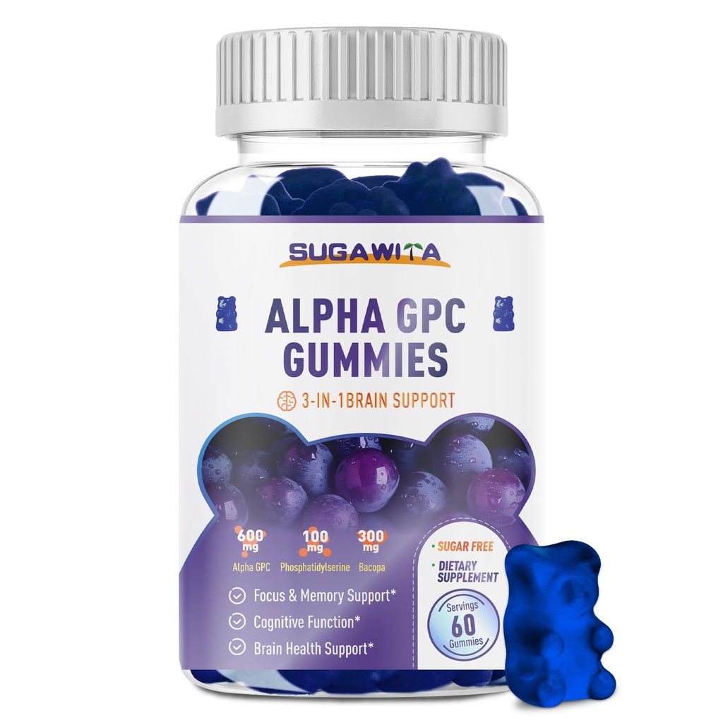 Gummies GPC Choline 600mg dengan PFoshatidylserine & Bacopa - 3-in- 1 Dukungan Otak untuk Memori, Fokus & Panjang Masa Kesehatan Kognitif - Sugar- Free, Natural Formula, 60 Count