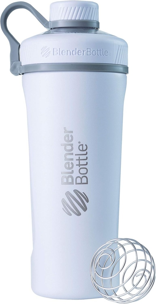 BlenderBottle Radian Shaker Cup Insulated Stainless Steel Water Bottle with Wire Whilk, 26- Ounce, Matte White