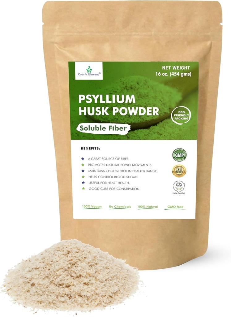 Elemen Kosmik 100% Pure Psyllium Husk Powder Organik - Finely Ground Fiber Suplemen untuk Regularitas & Keto 124; Psyllium Husk Powder untuk Baking dan Gluten- Free Bread - 16 oz