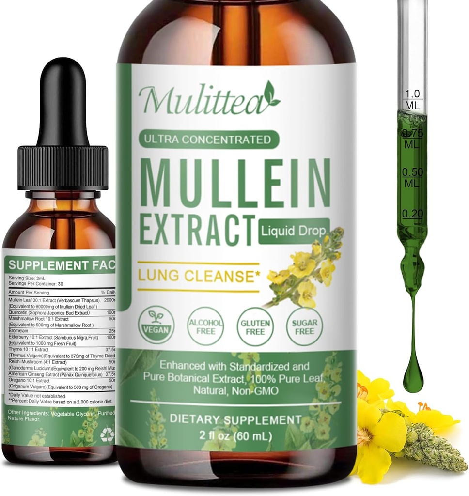 Mulein Drops for Lungs & Lymphatic Drainage - Lung Cleanse & Detoxes - Vegan Mullein Extract Dukung Imune, Repiratory Digeattion -9 EgenHerbal Supplemen untuk Memperbaharui-Sebagai Liquid