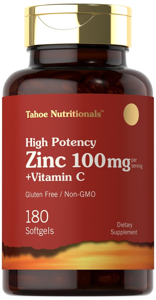 Carlyle Zinc Suplemen 100mg dengan Vitamin C 124; 180 Softgels 14; Non- GMO, Gluten Free 124; Nutronionals Tahoe