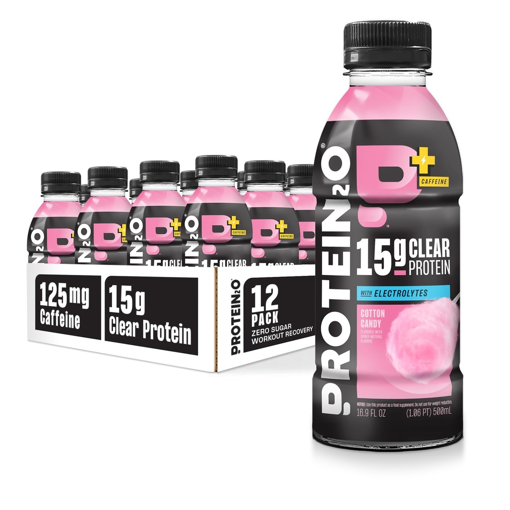 Protin2o 15g Whey Protein Isolat Hidration Drink Plus Energy & Focus, 350mg of Electrolites, Vitamins B5 & B6, Sugar Free, Cotton Candy, 16,9 oz Bottle (Paket 12)