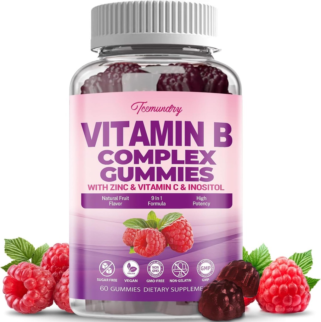 Sugar-Free Vitamin B Kompleks Gummies for Women - Vegan b b Vitamin Complex with Metil B12, Metil Folate - Plus Vitamin C, Zinc, Inositol - Supports Energy, Ammune, Healthy Hair, Skin (60 Count)