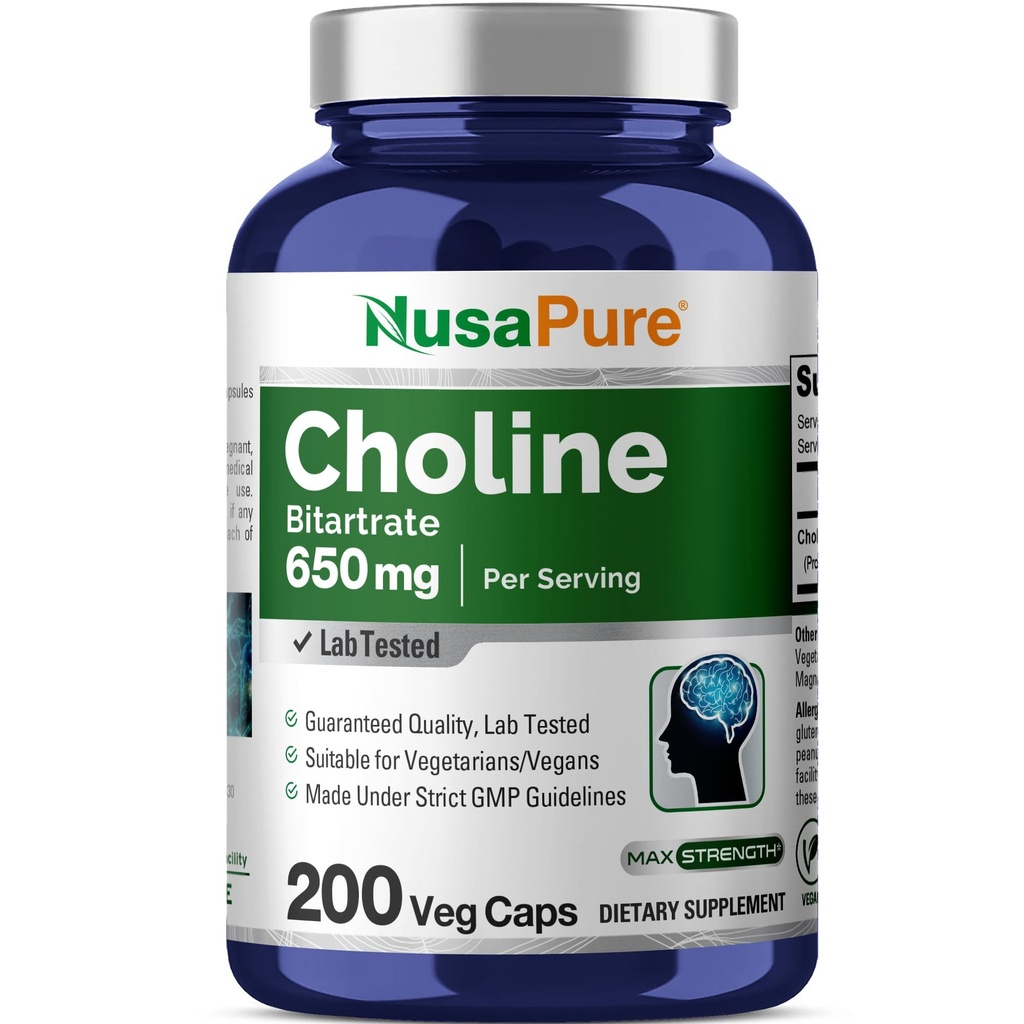 NusaPure Chooline Bitartch 650 mg 200 Veggie Capsules (Vegetarian, Non- GMO, Vegan)