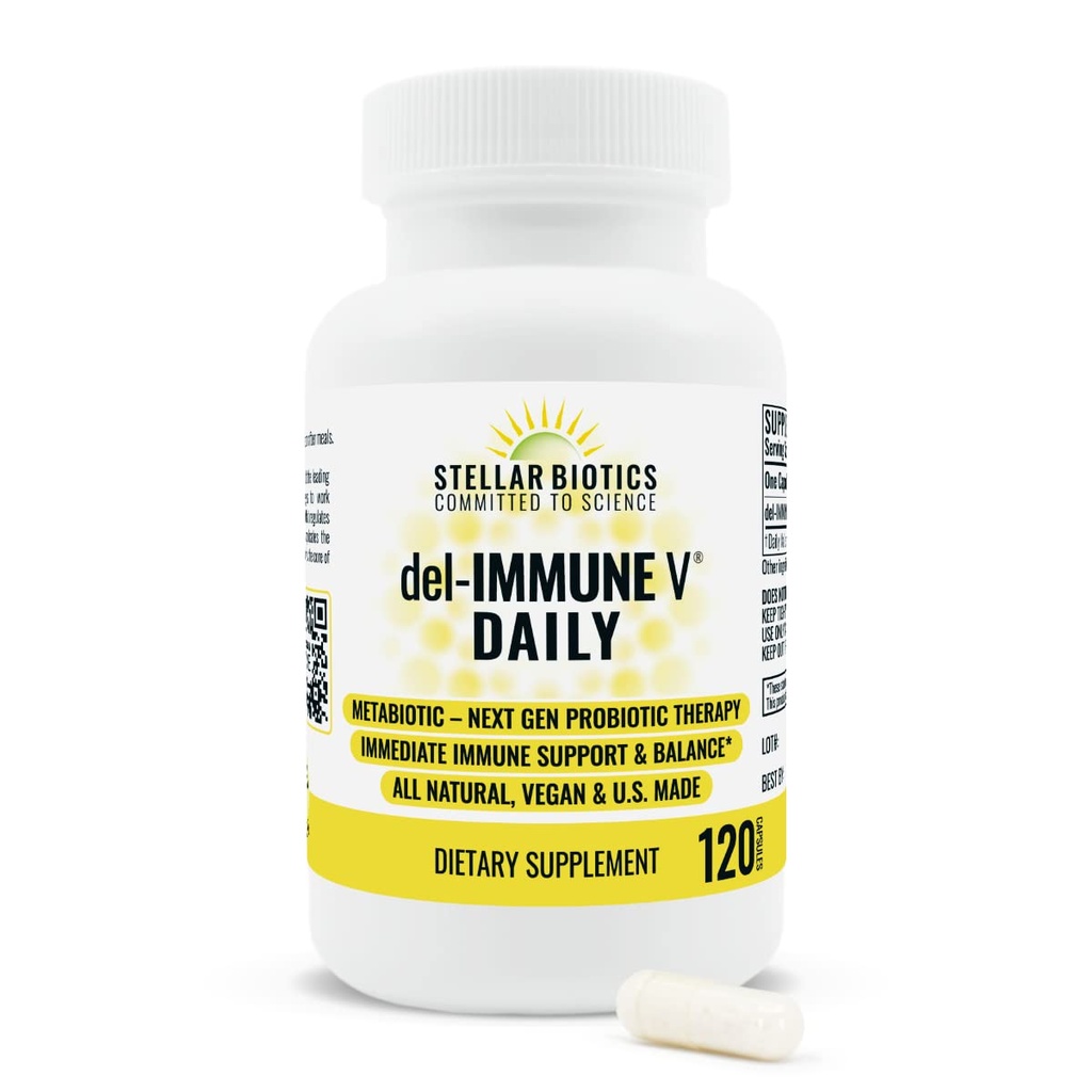 Del- Immune V ® Harian by Stellar Biotics, All- Natural Ammune Support & Gut Health, Atten, Metabiotic: NextGen Probiotic Therapy (120 Caps)