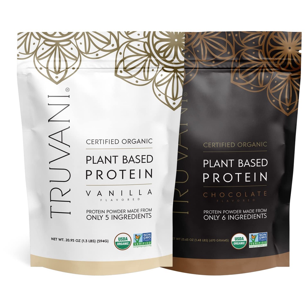 Truvani Plant Based Protein Powder - USDA Certified Organik, Vegan, Non- GMO, Dairy Free, Soy Free, & Gluten Free - 2 Packs of 20 Servilings Each (Chocolate & vanilla)