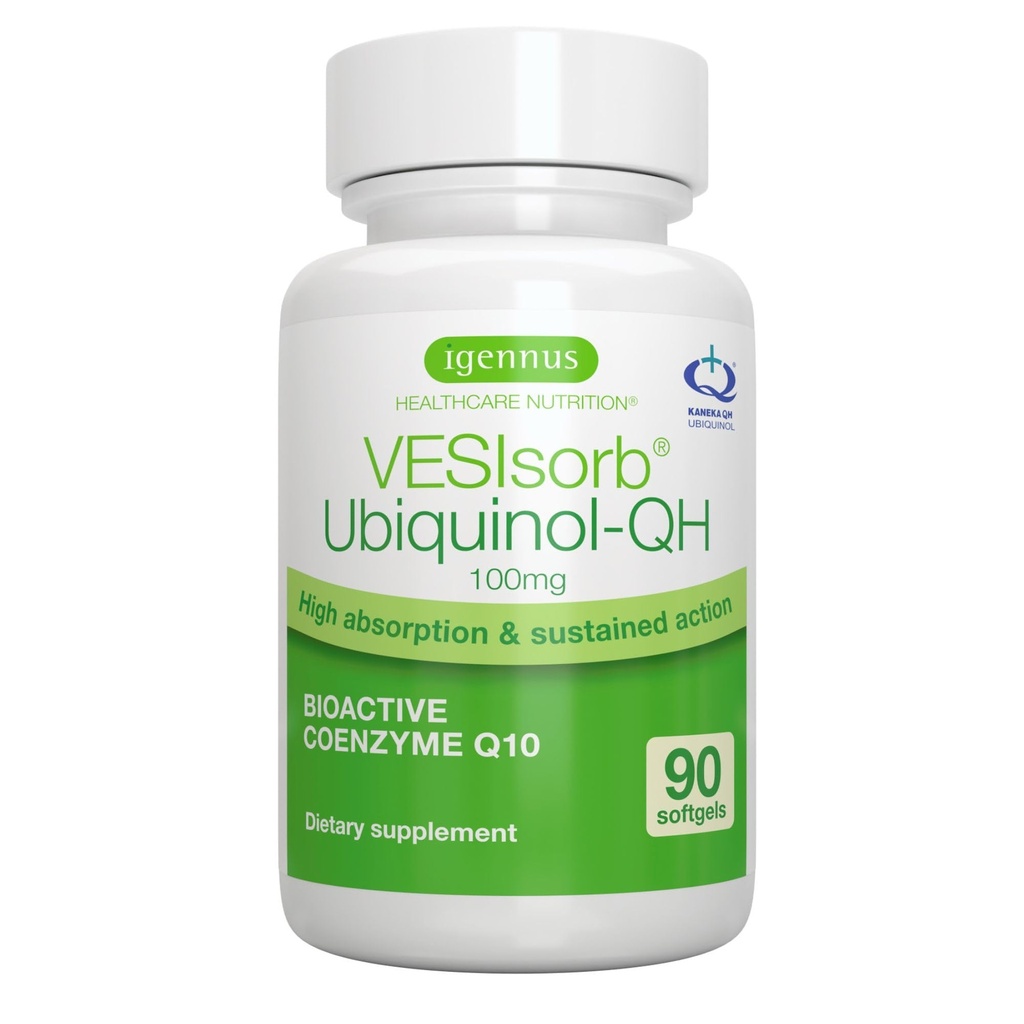 Igennus Advanced VESIsOrb Ubiquinol 100mg 90 Softgels, 600% Bioavability, Fast-Acting Water- Soluble Koenzim Q10 Suplemen Energi & Heart, 3- Bulan Suppply