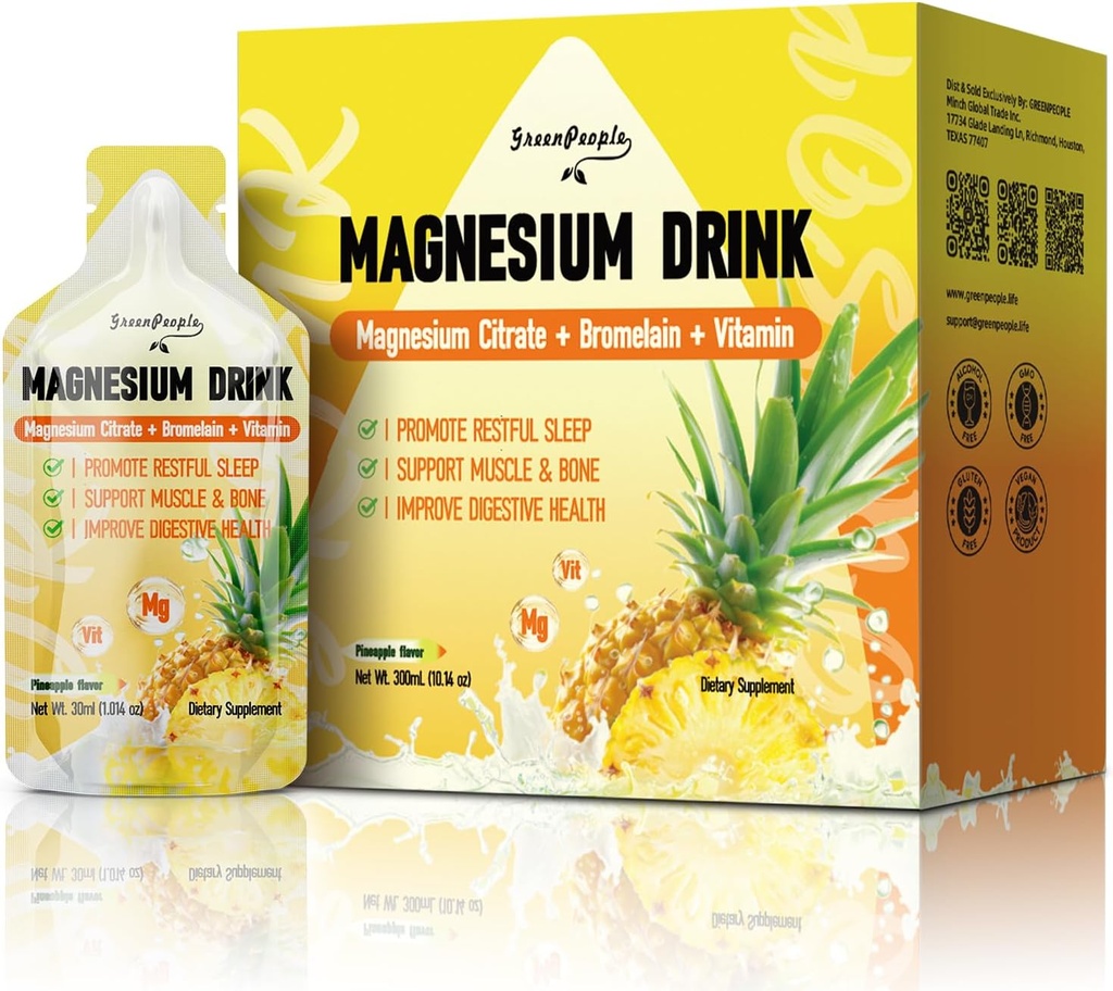 Greenpeople 7-in- 1 Magnesium Citrate Liquid, Magnesium Citrate Suplemen Minum Magnesium dengan 280mg Magnesium, Zinc, Bromelain, Vitamin C D3 B6, Muscle & Sleep Dukungan untuk Anak & Dewasa, 1 fl.Oz (10Pcs)