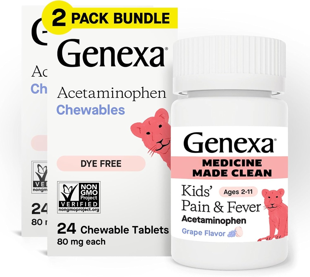 Genexa Kids 'Clean Pain & Fever Acetaminopren Chewables, Dye Free, 0% Artificial Addoculves, Delicious Grape Flavor, Cheable Medicine for Children 2-11, 80 mg per tablet, 48ct (2 Pack)