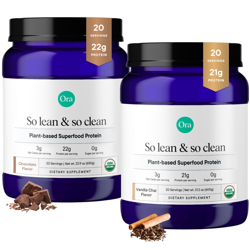 Ora Organik Vegan Powder Vanilla Cani & Chocolate Bundle: 21g Plant Based Protein Powder, Vanilla Chai Flavor, 20 Servings + 22g Plant Based Protein, Chocolate Flavor, 20 Servings