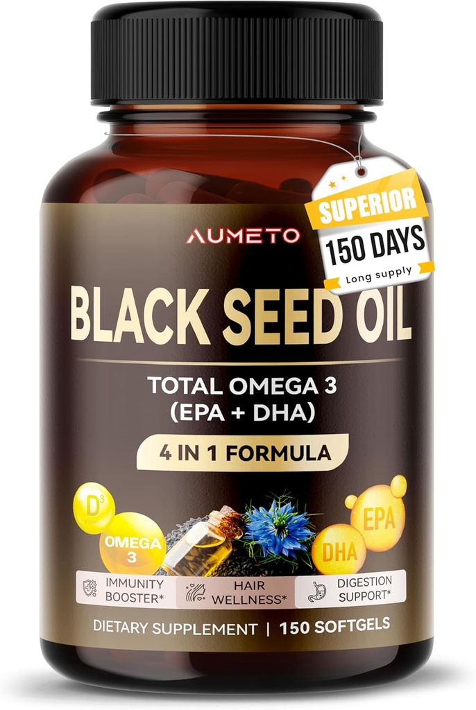 Organik Minyak Benih Hitam - 150 Softgel - 100% Sumber Dingin Omega 3 (EPA + DPA) - Skin, Rambut, Dukungan Imune (150 Cacah (Paket 1))