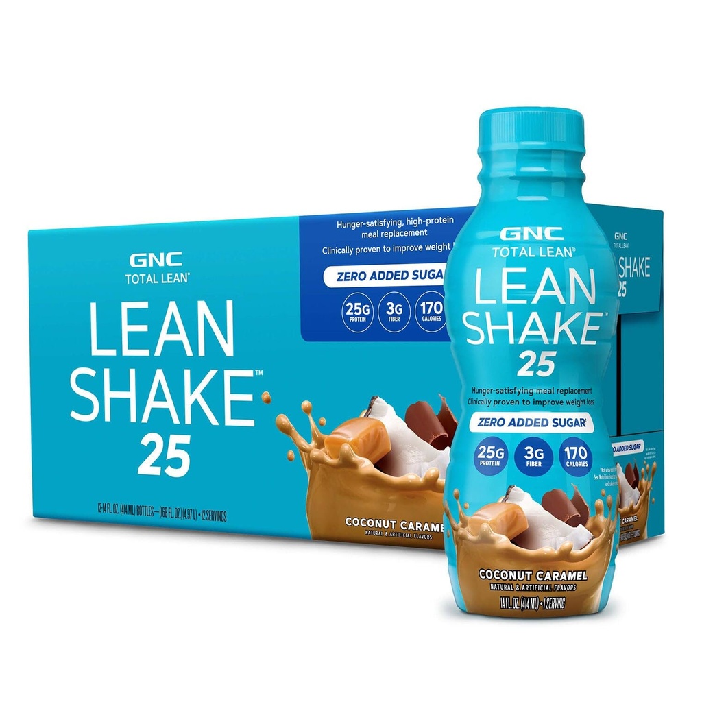 GNC Lean Shake 25 Protein Shake, Clinically Proven Weight Management, Meal Replacement, 25g Protein dengan Zero Added Sugar, Ready To Drink, Coconut Caramel, Paket 12
