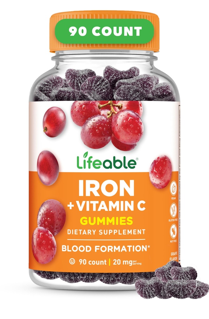 Lifeable Iron Gummies 12.4; 20mg 124; dengan Vitamin C 124; Tasting Blood Builder Iron Supplemen 12.4; Besi dengan Vitamin C untuk Deficiency 124; Gumies Besi untuk Perempuan, Pria, Dewasa 124; 90 Gumies