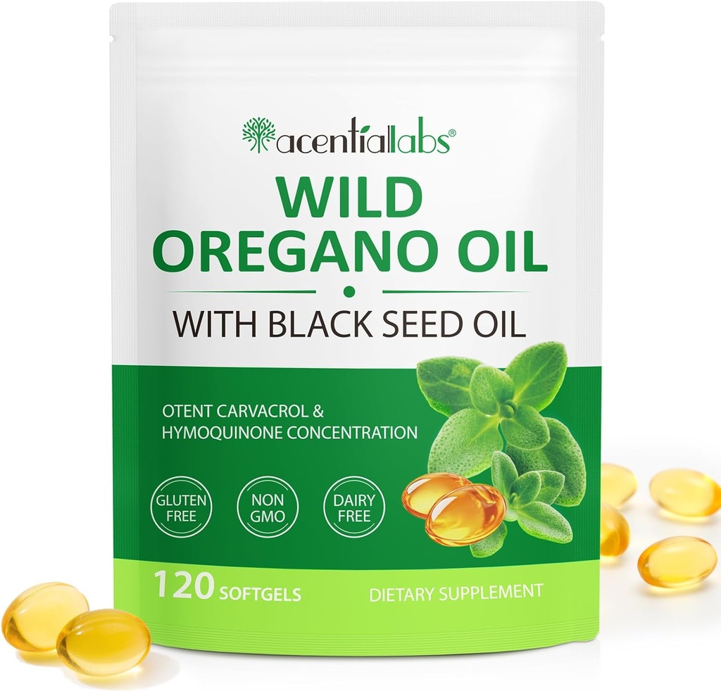 Minyak Oregano Softgeels, 120 Count Oregano Oil Suplemen Capsules, 2 di 1 6000mg Oil Oregano dengan Minyak Benih Hitam 200mg, Ekstrak Olano Organik, Non-GMO, Gluten Bebas