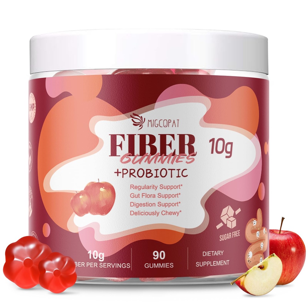 Gummies Fiber dengan Progories, 10G Fiber per Serving No Sugar Added Apple Flavor, dengan 10 Milyar CFU Progration Blend, Apple Cider Vinegar, Vitamin C, Inulin, Bloating Support 90 Count