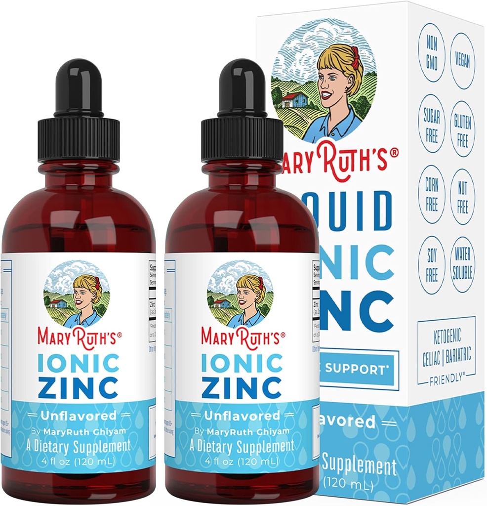 MaryRuth Organics, Ionic Zinc Liquid Drops for Immune Support Unflagranted 4oz. (120 ml) 2 Pack