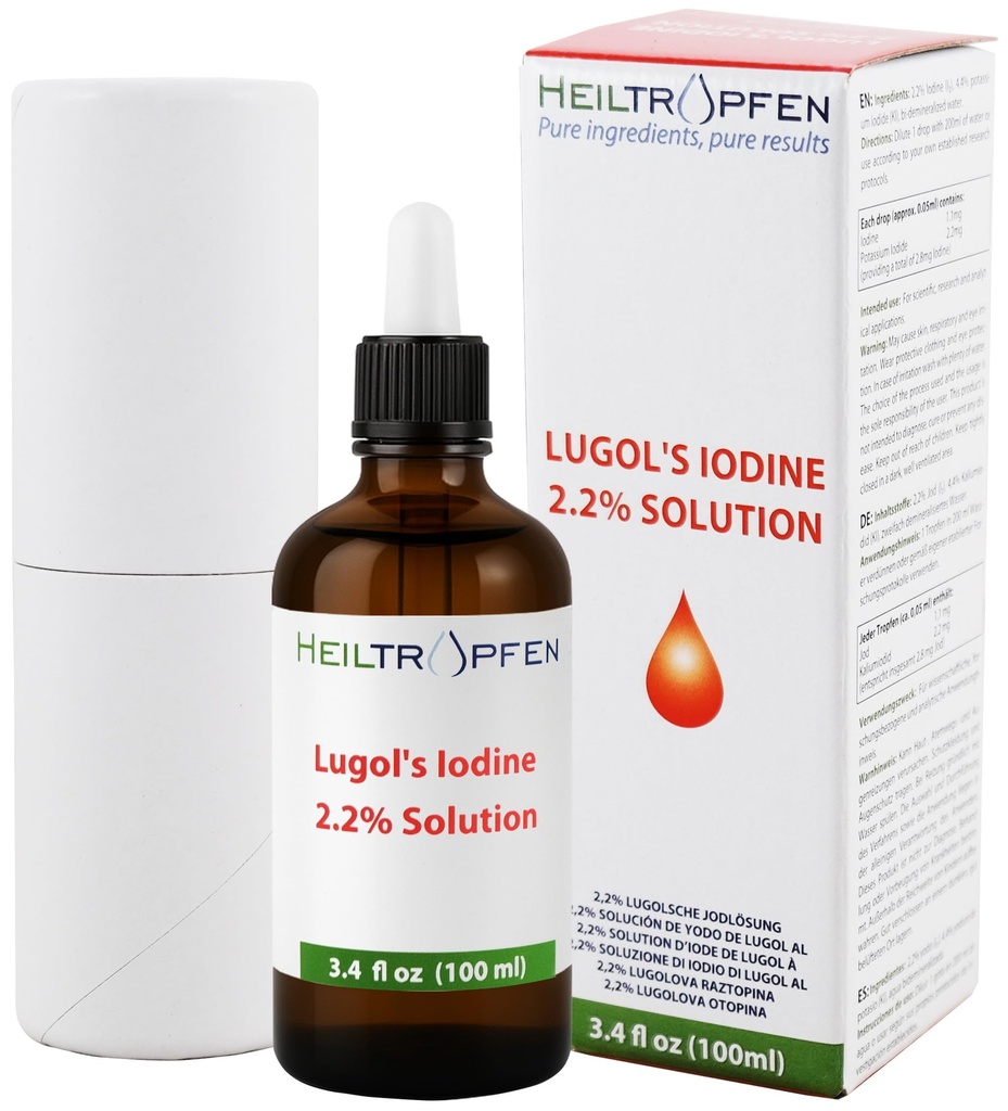 2,2% Solusi Iodin Lugol 3.4 Fl Oz 124; Farmasi Tingkat Ingredibilitas 124; Solusi Lugo Dibuat dengan Iodin dan Potasium Iodide. Heiltropfen ®