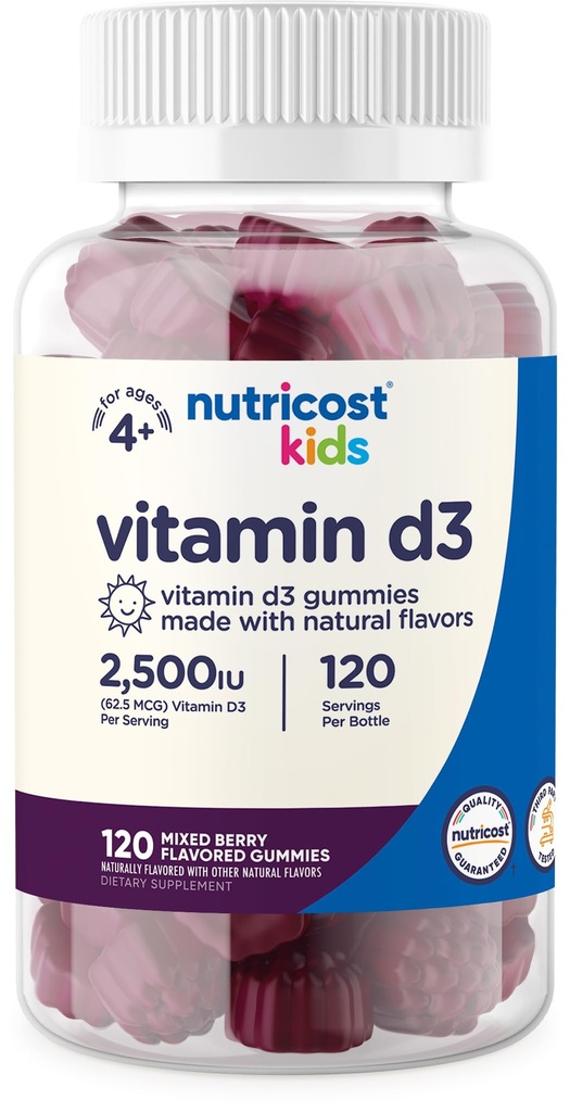 Nutricost Kid Vitamin D3 Gummies 2.500 IU (62.5mcg), 120 Gummies - Campuran Berry Flavored