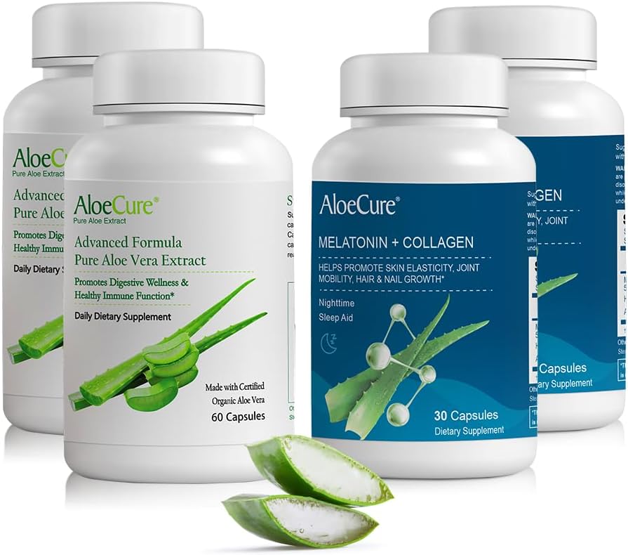 AloCure Organic Aloe Vera Capsules Pack - 4 Pieces - 2 x Melantin + Collagen, 2 x Aloe Vera Capsules