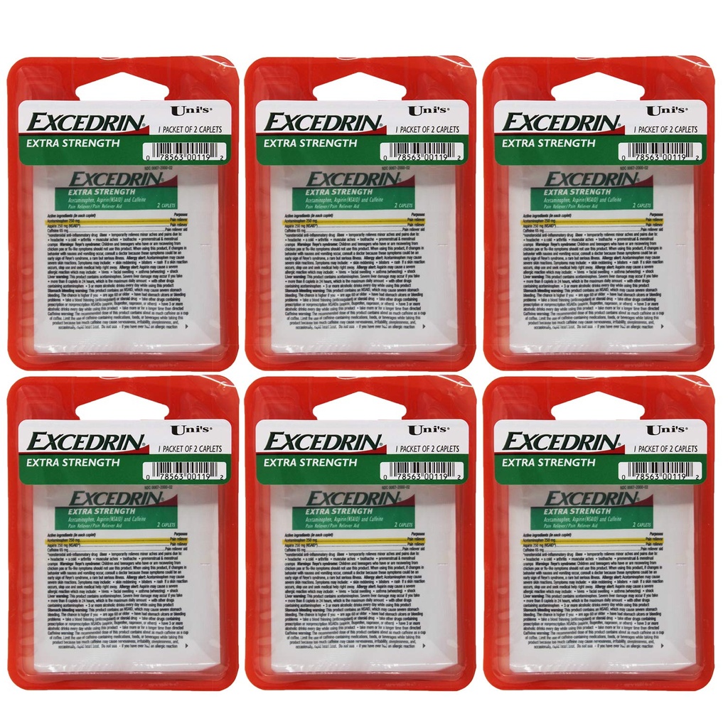 Uni Excedrin Ekstra Kekuatan 6 Count Single Dose Relief 2 caplet di Setiap Packet. Membantu menyembuhkan sakit kepala, sakit gigi, sakit punggung, kram Menstrual, Dingin Umum, dan Aches Muskular.