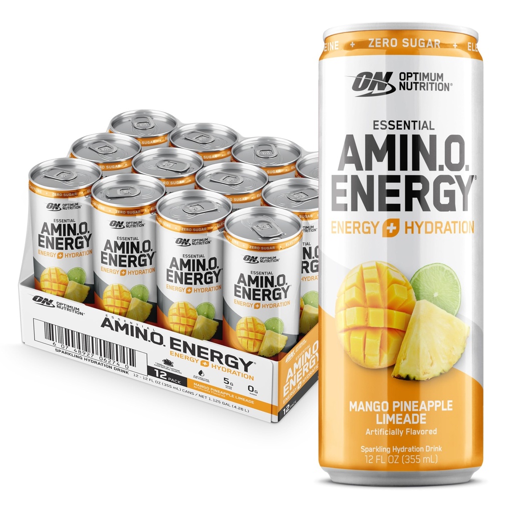 Optimum Nutrition Amino Energy Sparkling Hydration Drink, Electrolytes, Caffeine, Acids Acids, BCAAs, Sugar Free, Mango Pineapple Limeade, 12 Fl Oz, 12 Paket (Packaging May Vary)