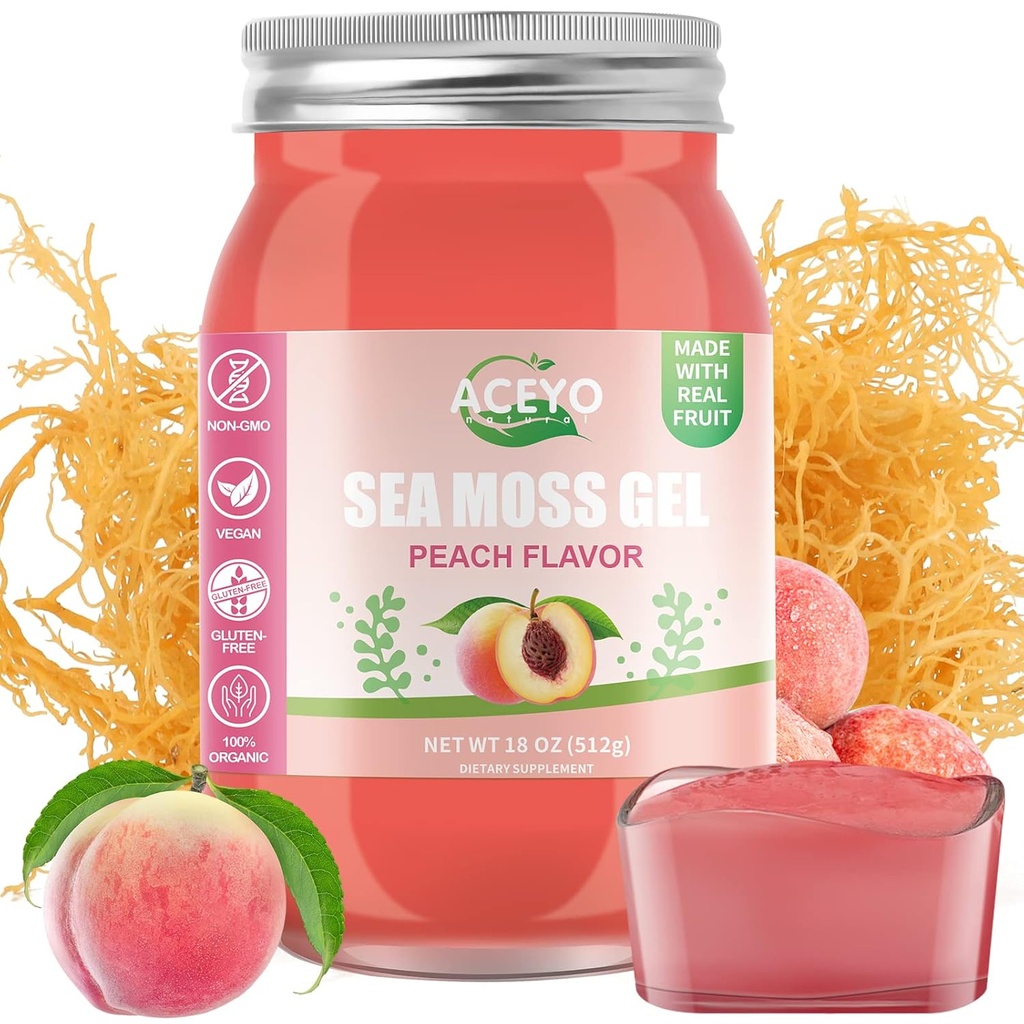 ACEYO (18 OZ) Irish Moss Gel Organic Raw Vegan Peach Flavor 102 Vitamin dan Minestray Wild Harowed Non-GMO Defense Booster Digetsy Support
