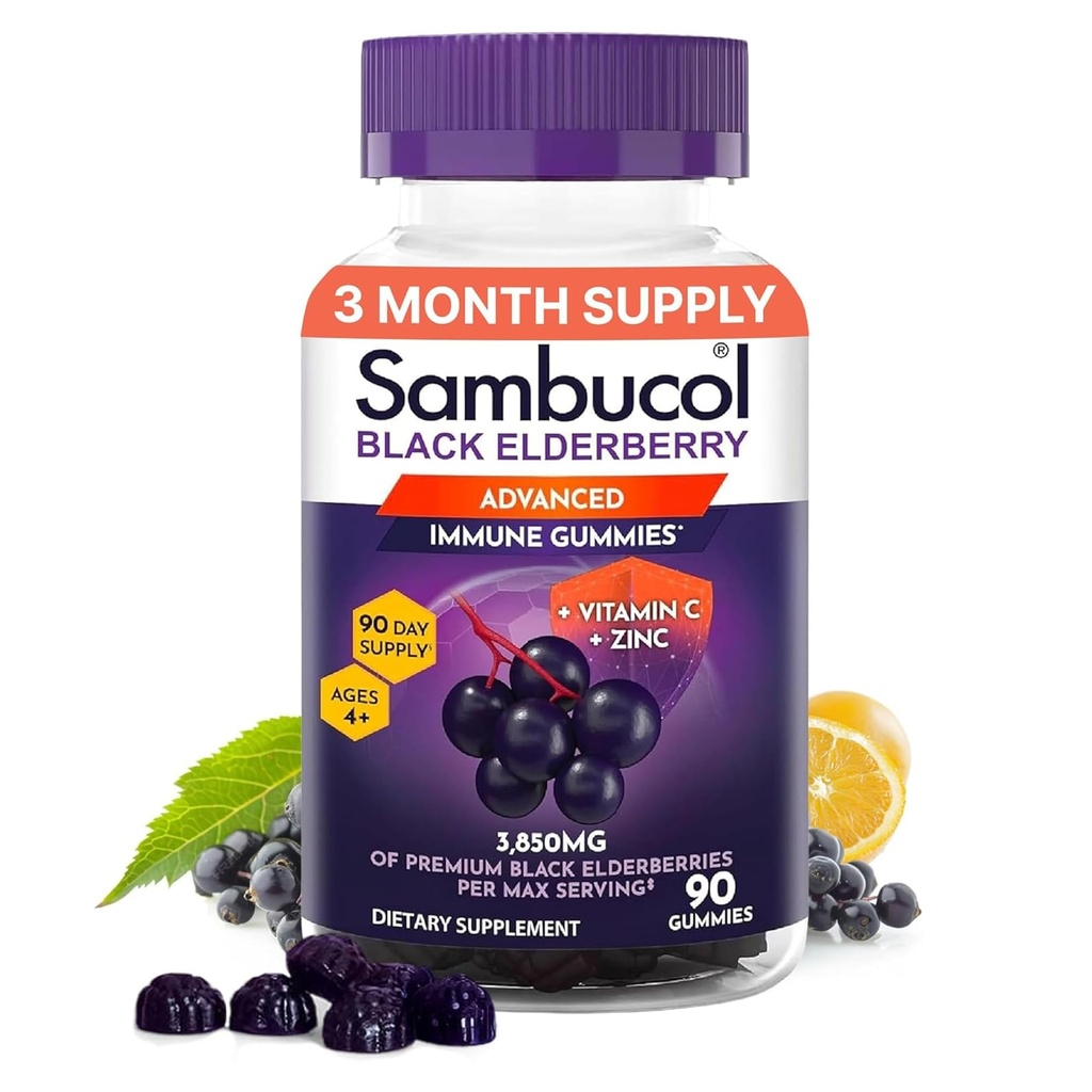 Sambucol Elderberry Gummies for Adules with Vitamin C; Zinc; Sambucus Elderberry Gummies for Immune Support with High Antioksidants; Gluten Free; Vegan; 1 Gummy Per Serving; 90 Count (Tambahan Hari)