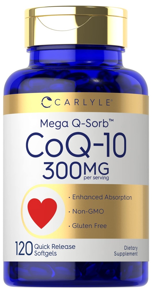Carlyle CoQ10 300mg 124; 120 Softgels 12.4; Mega Q-Sorb Koenzim Q-10 124; dengan Black Pepper Extract 124; Non-GMO, Gluten Free Supplemen