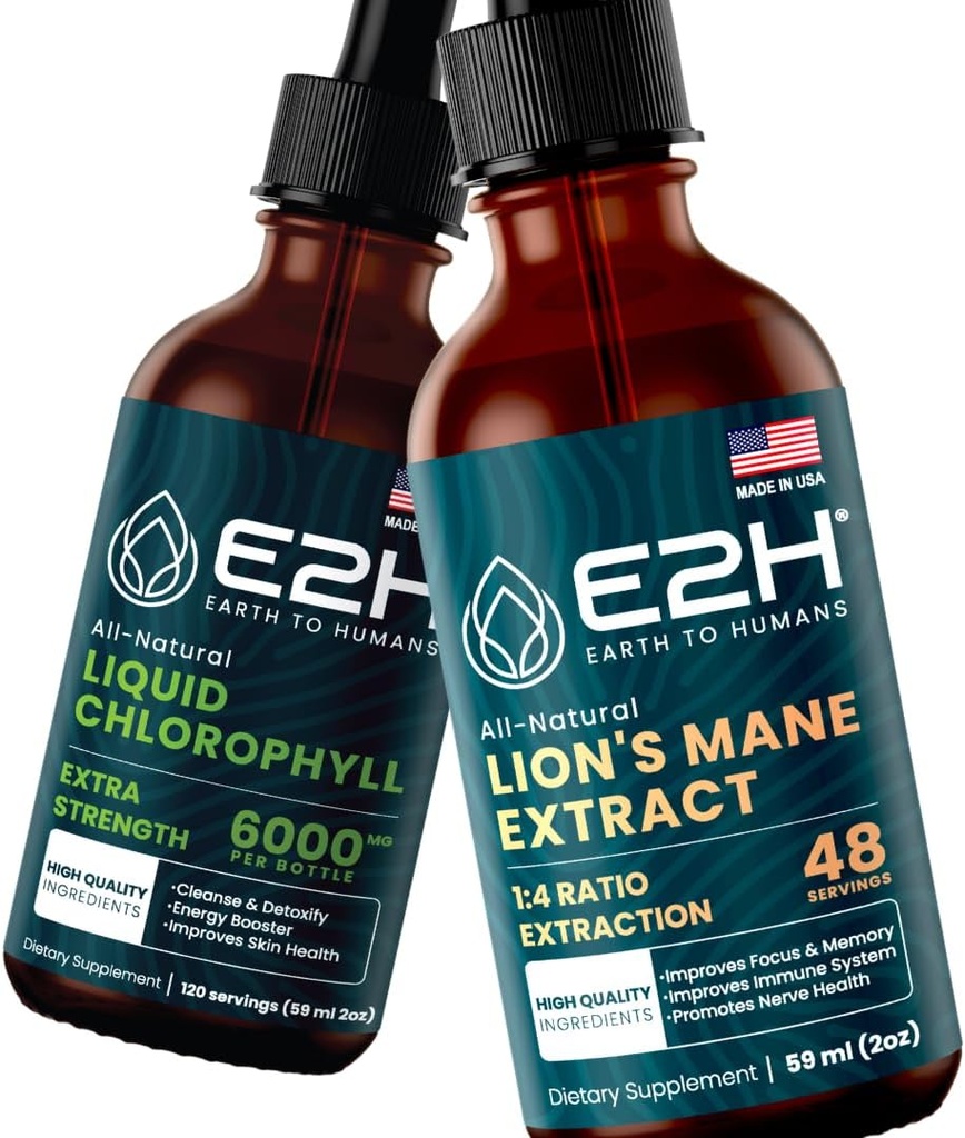 Cair Chlorofil dan Mane Mushroom Lion 124; Vegan, Non-GMO - 2 Fl Oz Setiap (4 Fl Oz Total) - Bundle
