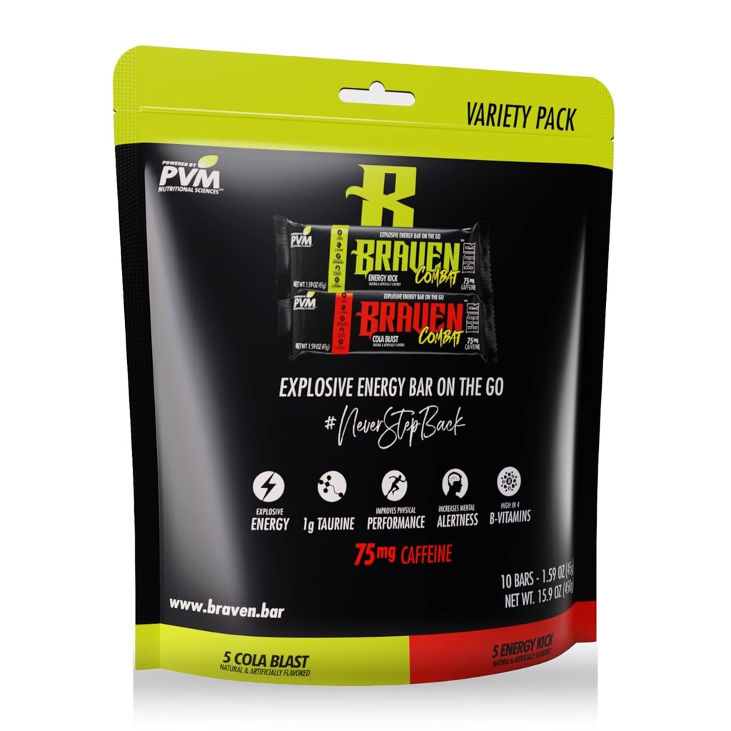 Braven Combat Variety Pack Energy Bars dengan Caffeine (1.59 oz, Pack of 10) - OnTheGo Energy Bars dengan 75mg Caffeine - Gluten Free Snacks
