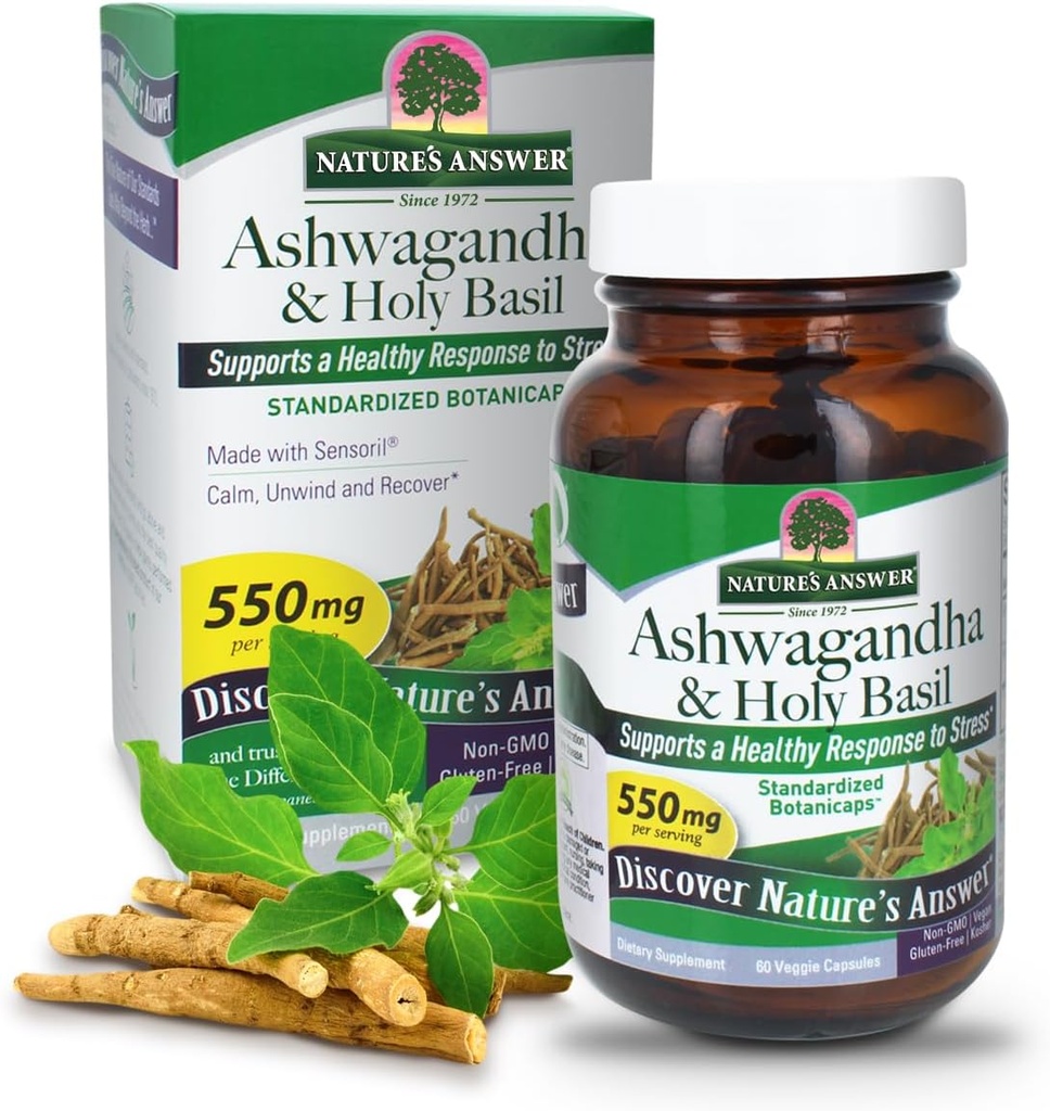 Nature 's Jawaban Ashwagandha Root dengan Holy Basil 60 Capsules 124; Mendukung Respon Sehat untuk Stress *