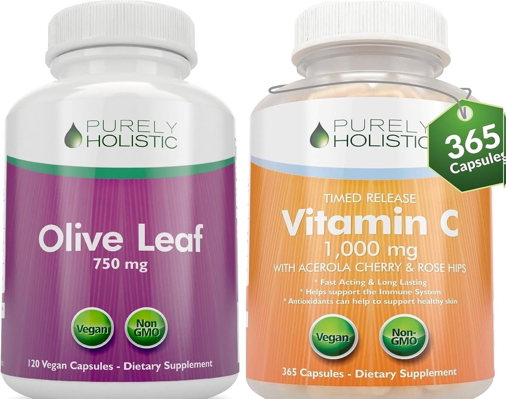 Murni Holistic Olive Leaf Ekstrak 750mg + Vitamin C 10000mg 2 Rilis Bundle - 485 Vegan Capsules - Dibuat di Amerika Serikat