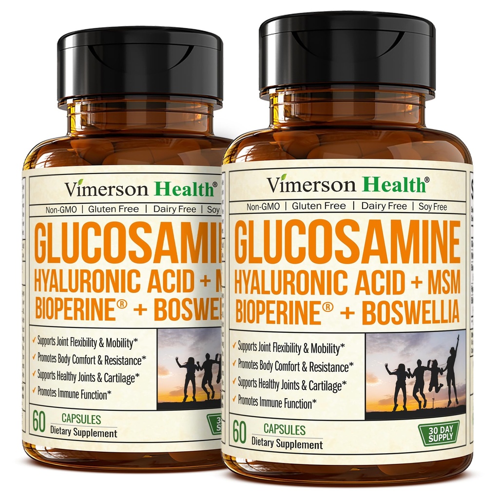 Glucosamin Sulfate dengan Acid Hyaluronic, Boswellia, Suplemen Pepper & MSM - 5-1 Suplemen Bersama untuk Pria dan Wanita - Kesehatan Gabungan, Kekuatan Tulang - FSA Eligly 2 Pack
