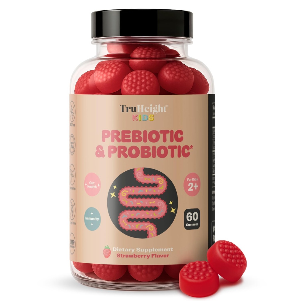 TruHeight Kid Prebiotic & Probiotic Gummies Ages 2 + (Strawberry Flavor) Toddlers & Kids All Natural Gut Health, Digetical Enzymes & Constipation Relief Suplemen - Pediatric Rekomendaded Vitamin