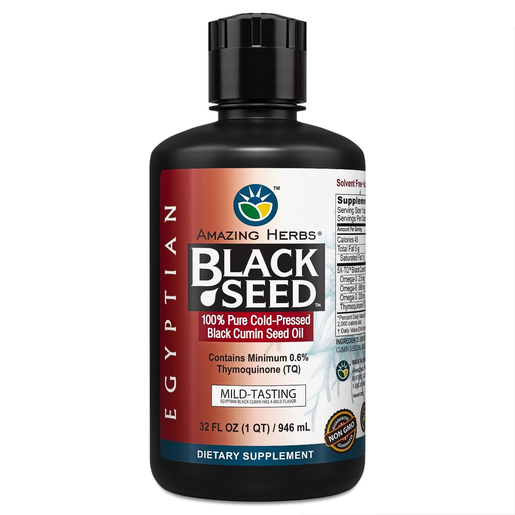 Luar biasa Herbs Minyak Benih Hitam Mesir - Gluten Bebas, Non GMO, Dingin Menekan Nigella Sativa Aids dalam Kesehatan Digetical, Dukungan Imune, Fungsi Otak, Mild Flavor - 32 Fl Oz