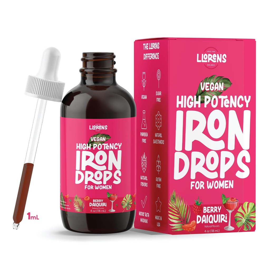 Pharmacetic Iron Suplemen LLORENS untuk Wanita Iron Drops Daily Dukungan, 20mg dari Polysaccharde Free Taste, Natural Sweeteners, Vegan and Paraben Free (Berry Daiquiri, 4 Fl Oz)