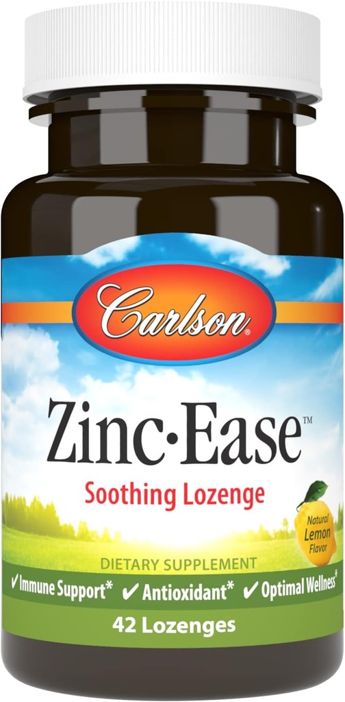 Carlson - Zinc-Ease, Soothing Lozenge, Imune Dukungan & Optimal Wellness, Antioksidant, Lemon, 42 Lozenges