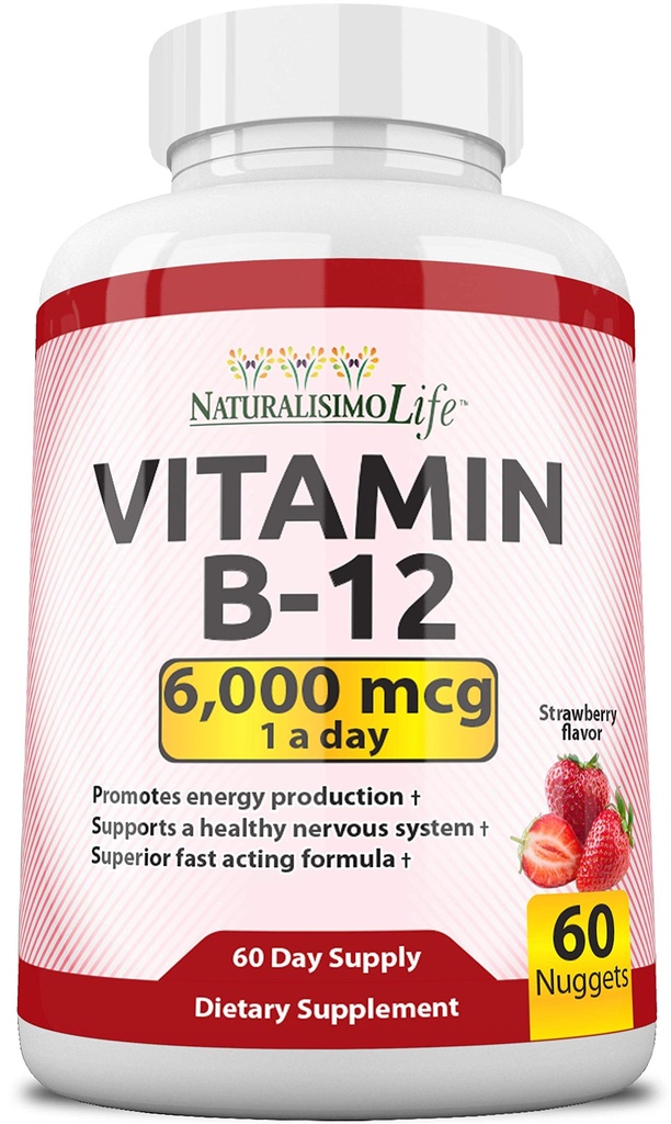 Vitamin B12 6,000 mcg - Quick Dissolve Strawberry Flavor Nuggets - 60 Nuggets, Non-GMO, Vegan, Gluten Free