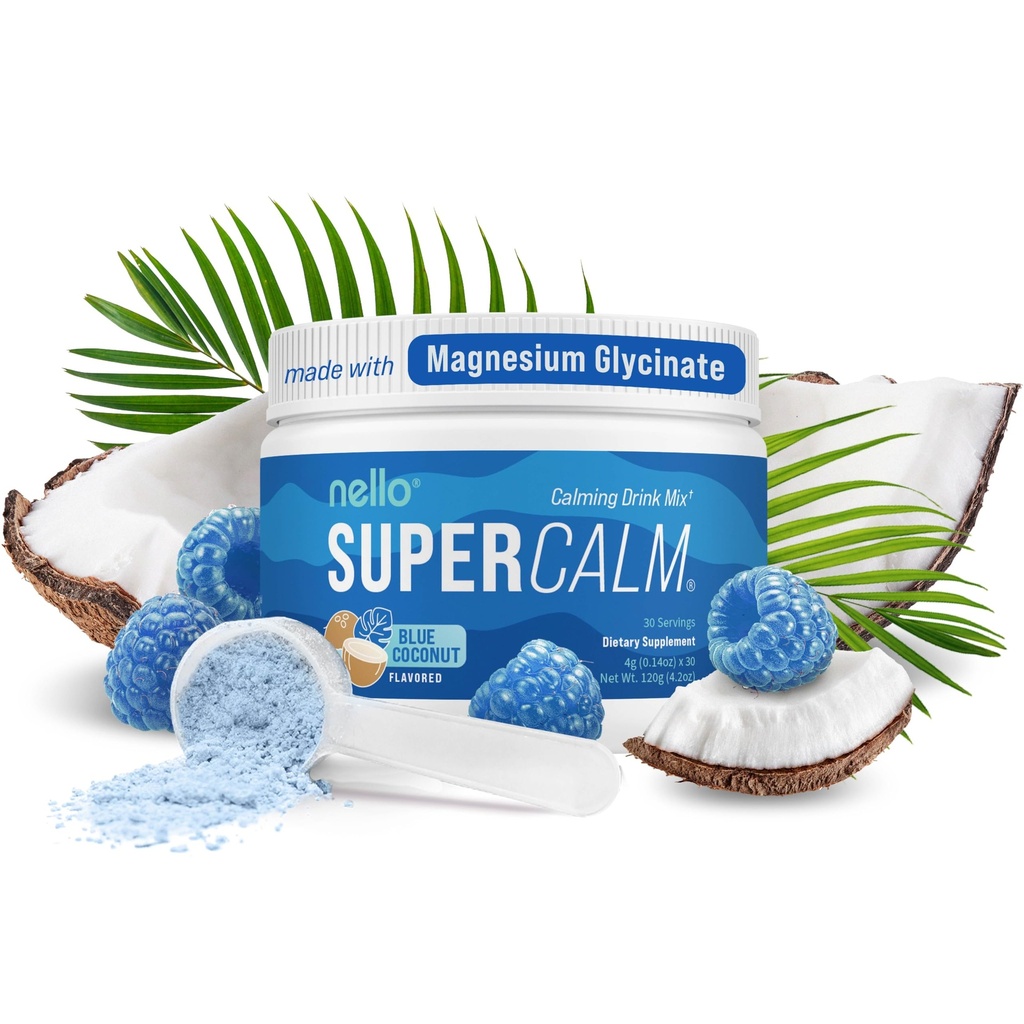 Nello Supercalm Towling Mix, Blue Coconut, L Theanine, KSM-66 Ashwagandha, Magnesium Glycinate, Vitamin D 3, Suplemen untuk Relaxation & Focus, No Sugar, Non GMO, On The Go, 30 Srvgs