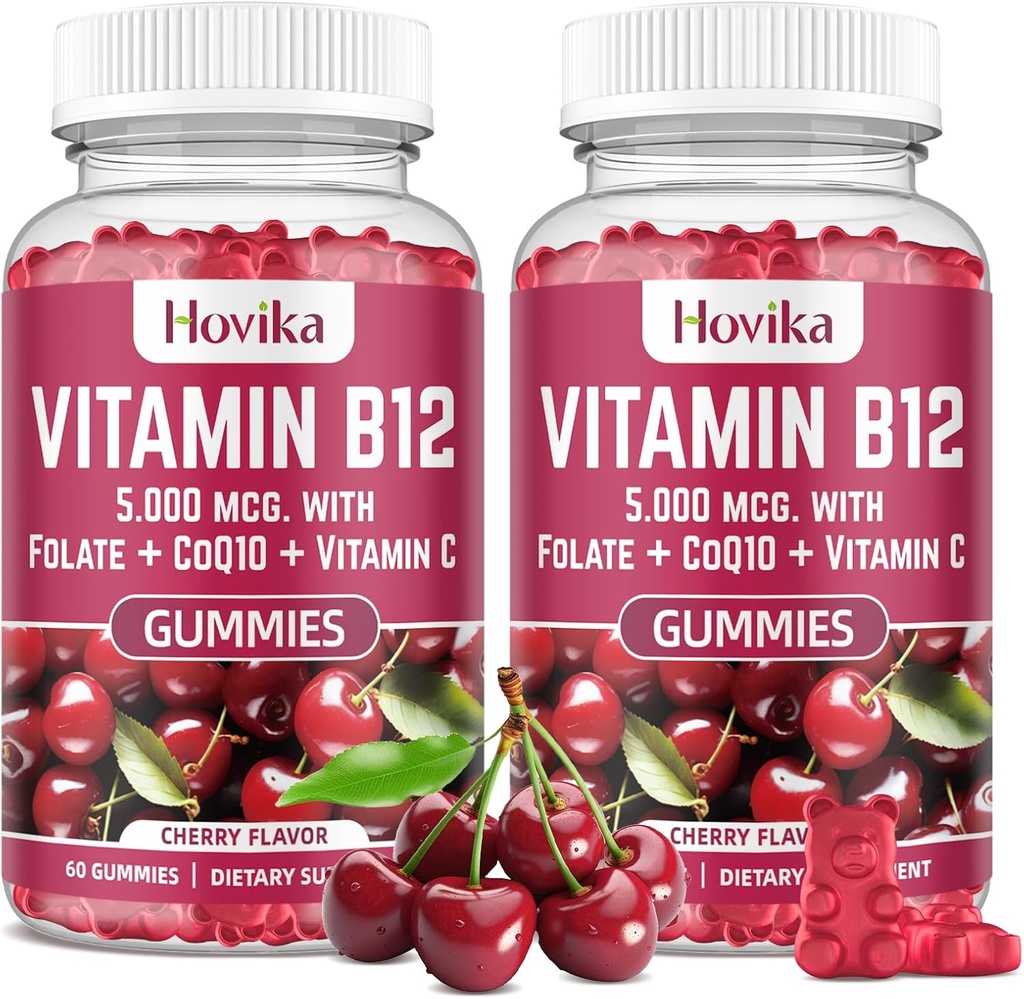 Vitamin B12 Complex 5000 mcg Methyl B12, Adenosil B12 & Hydroxy B12, dengan Koenzim Q10, Flounder, Vitamin C, B 12 yang bisa dimakan untuk Dukungan Energi, Metabolisme, B12 - Cherry Flavor, 2 Pack