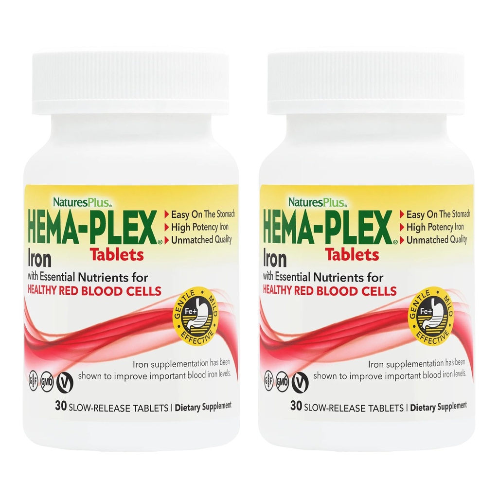 NaturesPlus Hema- Plex Besi - 30 Lembu, Paket 2 - Total Kesehatan Darah - 85 mg Chlated Besi - dengan Vitamin C & Bioflavonoid - Non GMO, Vegetarian & Gluten Bebas - 60 Total Pelayan