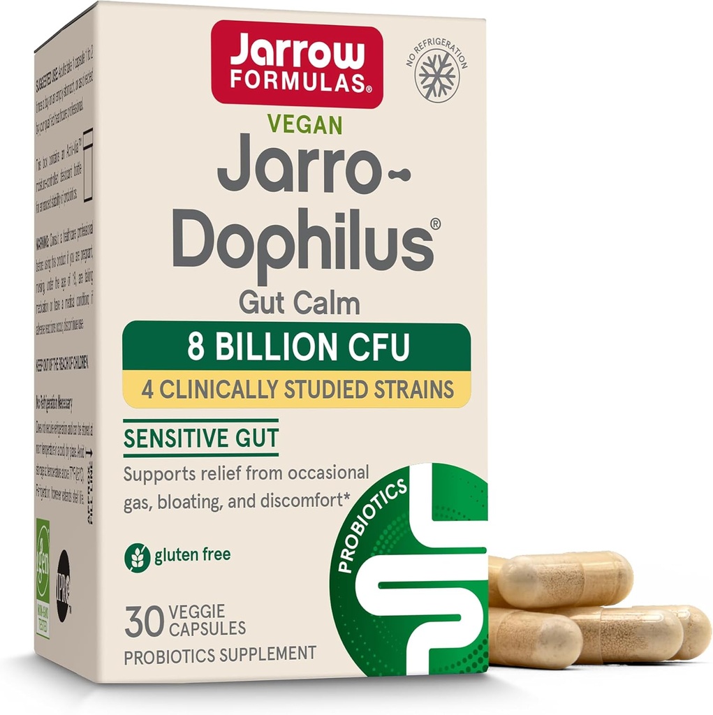 Jarrow Formulas ® Jarro- Dophilus ® Gut Calm Probiotic, 8 Milyar CFU Suplemen untuk Kesehatan Digetical, 30 Delayed Rilis Kapsul, 30 Hari Supply