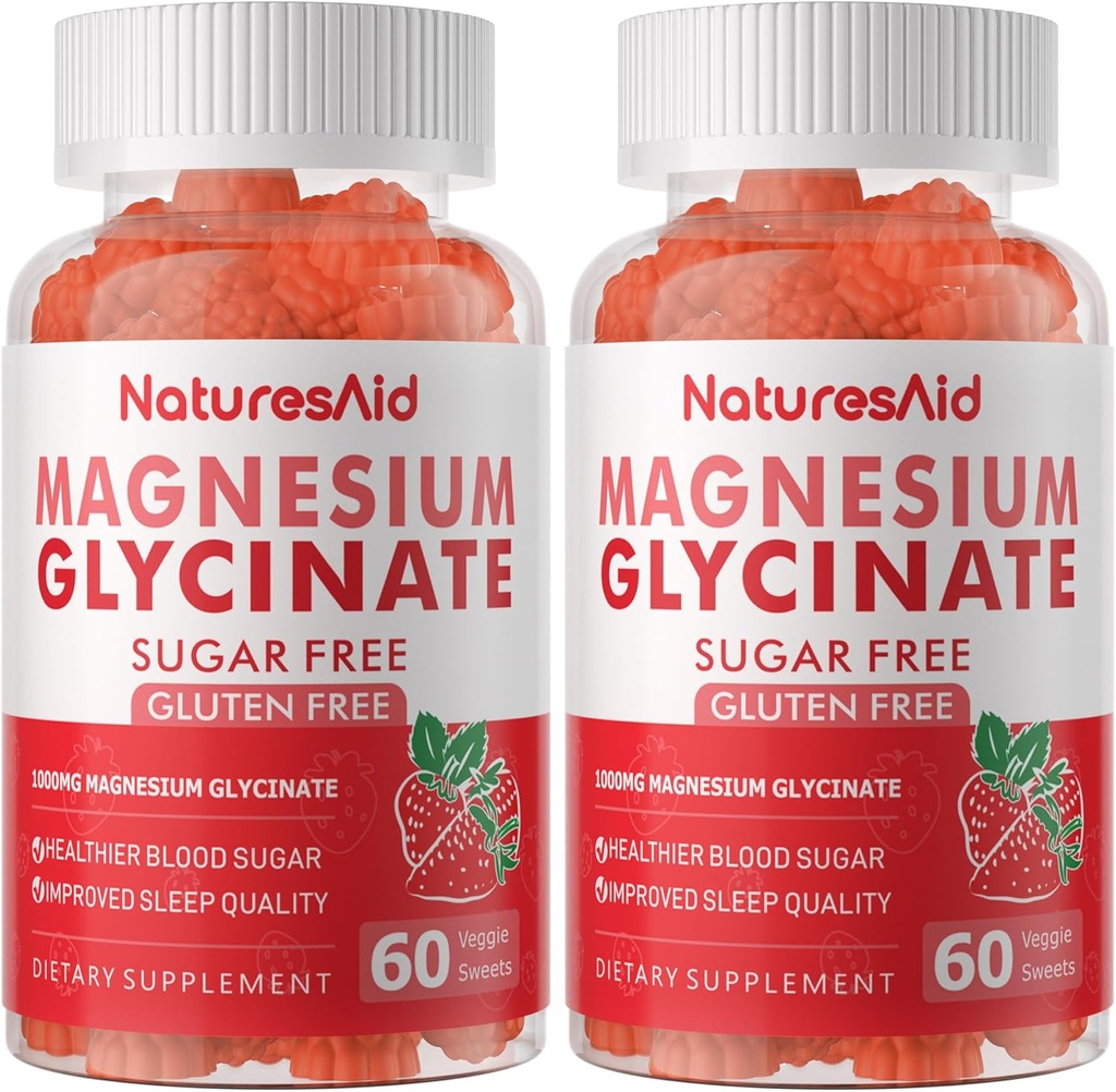 Magnesium Glycinate Gummies 1000mg - Sugar Free Magnesium Potasium Suplemen dengan Vitamin D, B6, CoQ10 untuk Calm Mood & Sleep Dukungan - 120 Strawberry Gummies -2 Pack